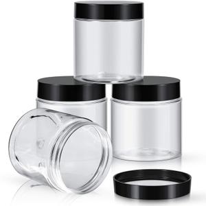 Patelai 4 Pieces Round Wide-mouth Leak Proof Plastic Container Jars with Lids for Travel Storage Makeup Beauty Products Face Creams Oils Salves Ointments DIY Making (8 Ounce,Black)