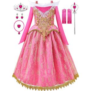 Aoiviss Girls Princess Costume Dresses Pink Princess Dress Up Clothes with Accessories for Halloween Cosplay Carnival Party