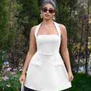YMDUCH Women's Sexy Sleeveless Halter Neck Backless Cocktail Party A-Line Mini Dress (White, L)