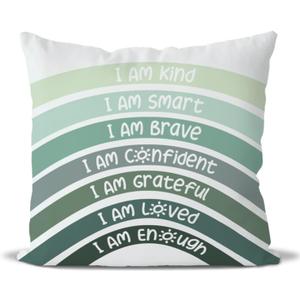 QIYUHOY Boho Sage Eucalyptus Green Rainbow Classroom Throw Pillow Covers, Olive Green Pillow Cover, Book Center Calming Corner Playroom Decor Pillow Case,I Am Kind Smart Brave Confidence,20x20 Inch