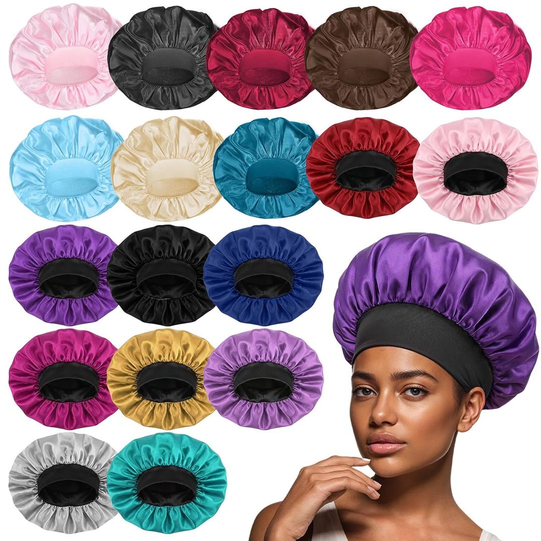18 Pcs Satin Bonnets for Sleeping, Large Silk Bonnet Wide Band Hair Bonnet Soft Elastic Hair Wrap Cap Silky Shower Cap for Black Women Men Curly Hair (Multicolored C)