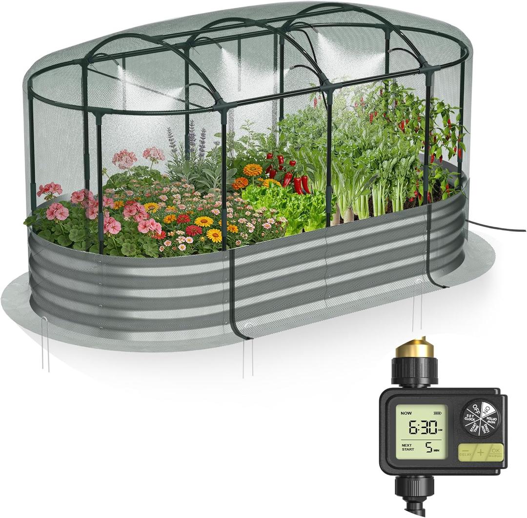 Lineware Raised Garden Bed with Sprinkler Timer and Self-Watering System, 6x3x1 ft Elevated Planter Boxes Outdoor with Mesh Cover, Galvanized Raised Beds for,Vegetables,Flowers, Backyard, Patio
