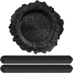 Pack of 50 Black Charger Plates Bulk, 13" Plastic Reef Chargers for Dinner Plates, Round Charger Plate with Floral Reef Design for Dinner Wedding Party Table Setting Decoration