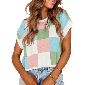 Saodimallsu Womens Cap Sleeve Crop Tops Summer Color Block Going Out Crew Neck Knit Trendy Casual Sweater (X-Large, Sky Blue)
