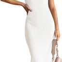 HAEOF Women's 2025 Summer Bodycon Midi Dress Casual Sleeveless Ribbed Sweater Back Slit Beach Party Work Long Dresses (Medium, White)