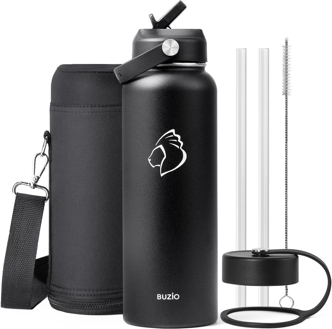 BUZIO 40oz Insulated Water Bottle, Triple Wall Vacuum Stainless Steel Water Flask with 2 lids, Lead-Free BPA-Free Straw Lid Sports Canteen Jug, Cold 48H & Hot 24H- Black