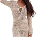 CUPSHE Women Crochet Swimsuit Cover Ups Long Sleeve Summer Beach Coverup Dress for Swimwear, L