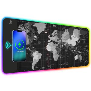 ToLuLu RGB Gaming Wireless Charging Mouse Pad, 5/7.5/10/15W 10 Light Modes LED Mouse Pad Computer Keyboard Mat Mousepad, 800x300x4MM Extended Large Desk Mat for Gaming, MacBook, Laptop, PC,World Map