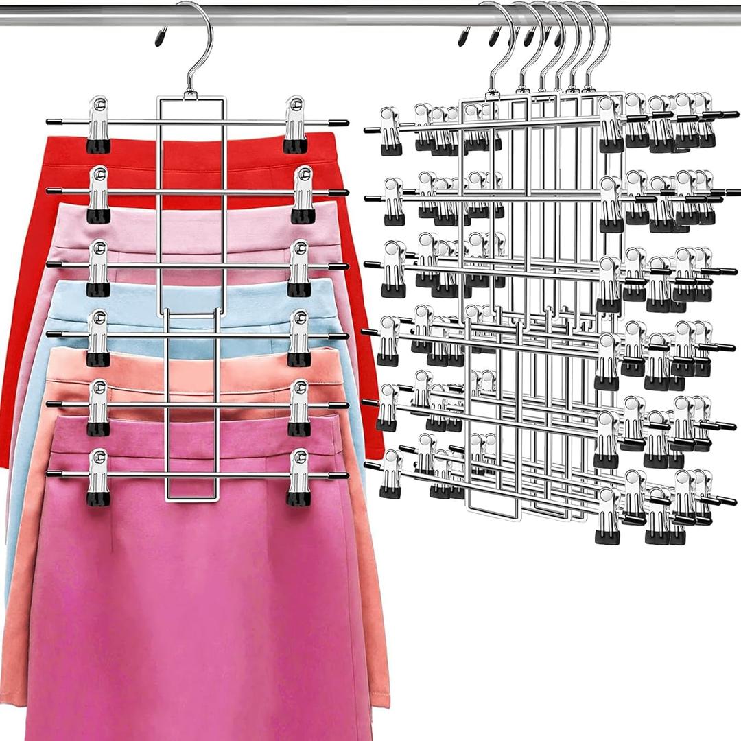 Pants Hangers with Clips,Space Saving Hanging Closet Organizer6 Tiers Skirt Hangers with 360° Swivel Hook,Closet OrganizerClothes Hangers College Dorm Essentials Apartment Essentials 6 Pack