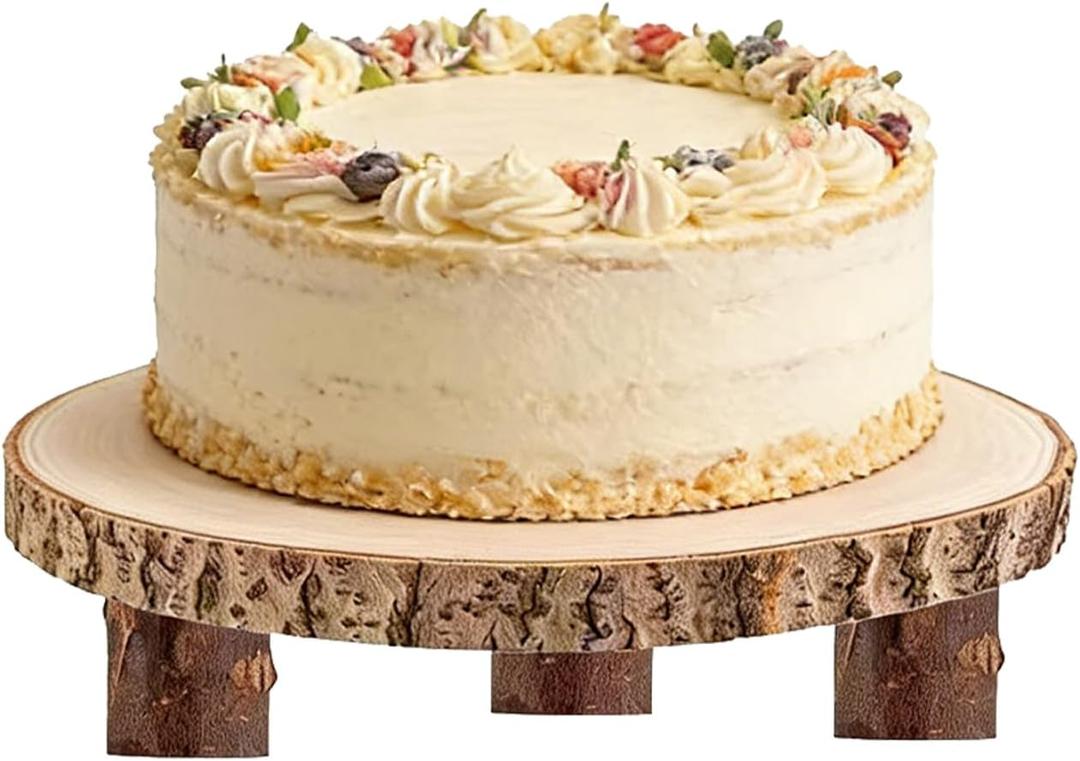 1 Pcs Rustic Wood Cake Stand with Legs, 11" Round Wooden Tray with Legs Elegant Wood Slice with Legs Wedding Cake Stand Farmhouse Serving Tray for Decor, Wedding, Restaurant, Party