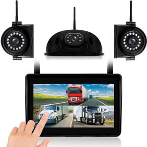 3-Camera Wireless RV Backup System, 7" 1080P Touch Screen with 1 Rear Camera for Furrion Pre-Wired Plug and 2 Side Cameras, IP69 Waterproof, IR Night Vision Camera for RV Trailer, WF703