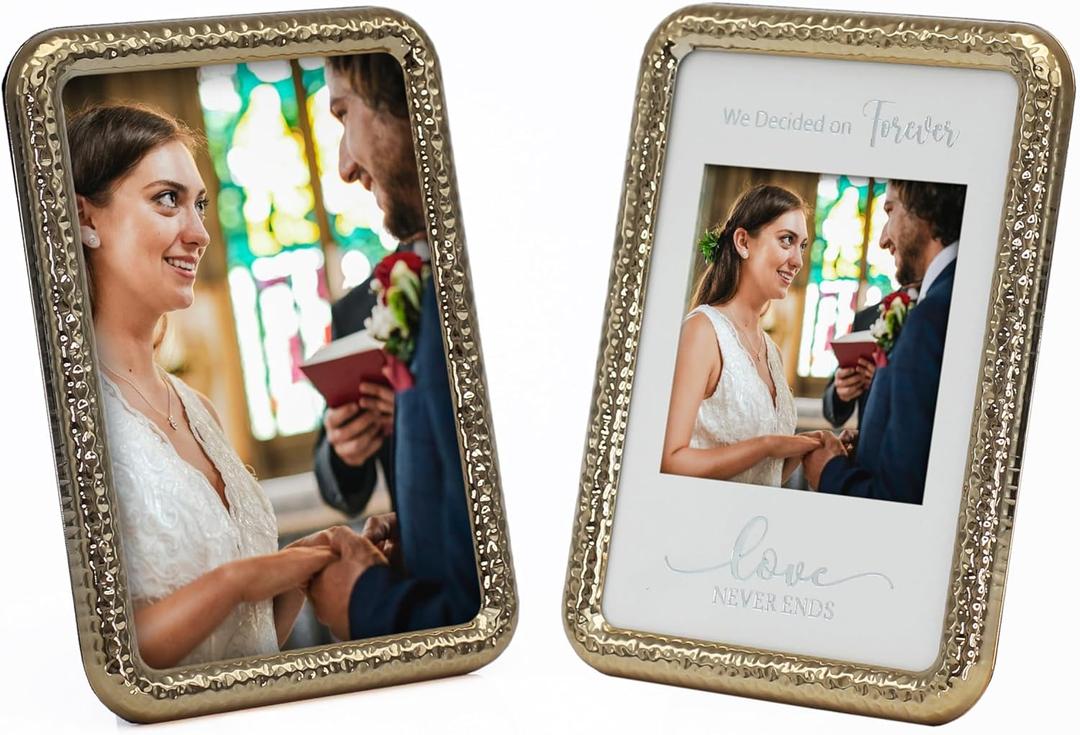 MIMOSA MOMENTS 6x8 Brass Hammered Metal Picture Frame, Display 4x4 Photo on Tabletop or Wall (4x4, Brass)