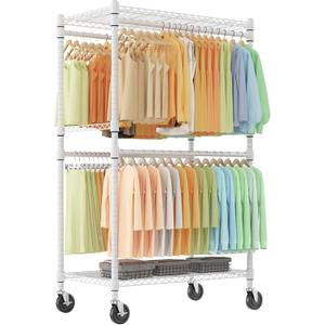 Himimi Double Rods Clothes Rack Heavy Duty, Adjustable Metal Garment Rack with Wheels, Portable Clothing Rack for Hanging Clothes, Closet Rack for Bedroom Laundry Room, 35.5" W×20.5" D×80.5" H, White