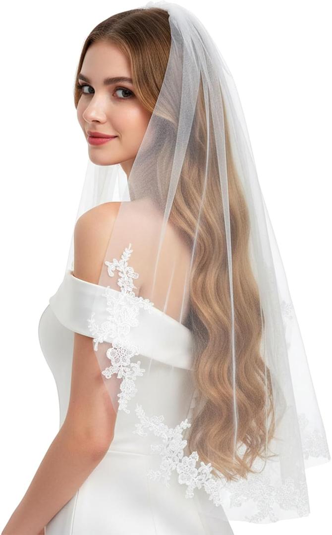White Wedding Bridal Veil with Comb, 1 Tier Floral Edge Bridal Tulle Veil Lace Wedding Veils