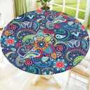 Moosfor Spandex Elastic Fitted Round Tablecloth for 45"-56" Tables, Stretch Washable Reusable Table Cover for Outdoor Picnic, Camping, Dining, Kitchen, Patio and Party, Paisley