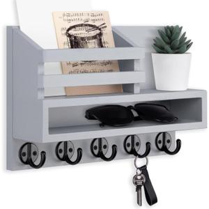 Key and Mail Holder Wall Mount, Key Hanger with Long Storage Box and Key Hooks for Coat, Dog Leash, Home Decor Rack, House Accessories, Entry Way Organizer (Standard - 11.8 Inch, Gray)