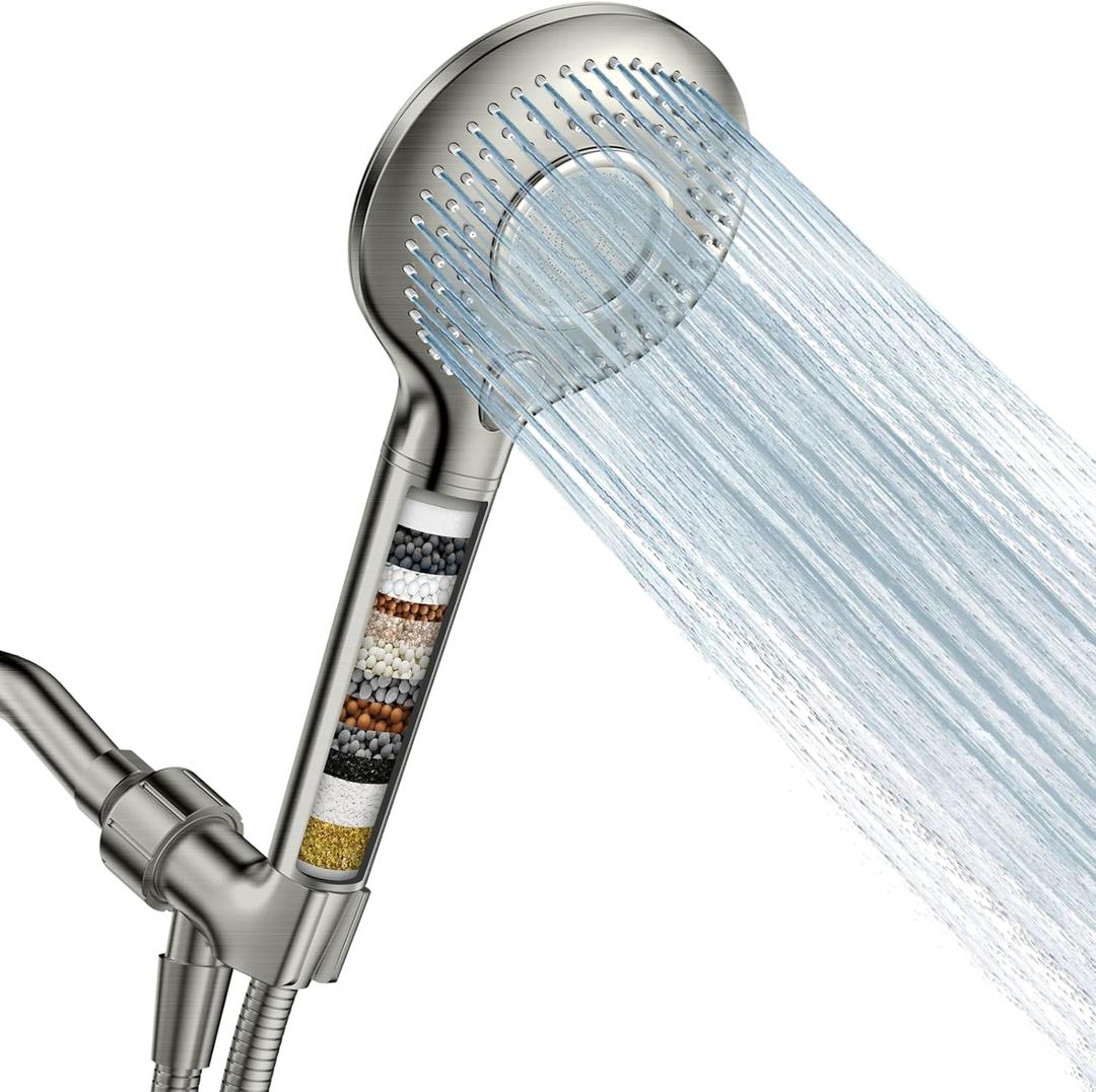FEELSO Filtered Shower Head with Handheld, High Pressure 3 Spray Mode Showerhead with 15 Stage Water Softener Filters Beads for Hard Water - Remove Chlorine - Reduces Dry Itchy Skin, Brushed Nickel