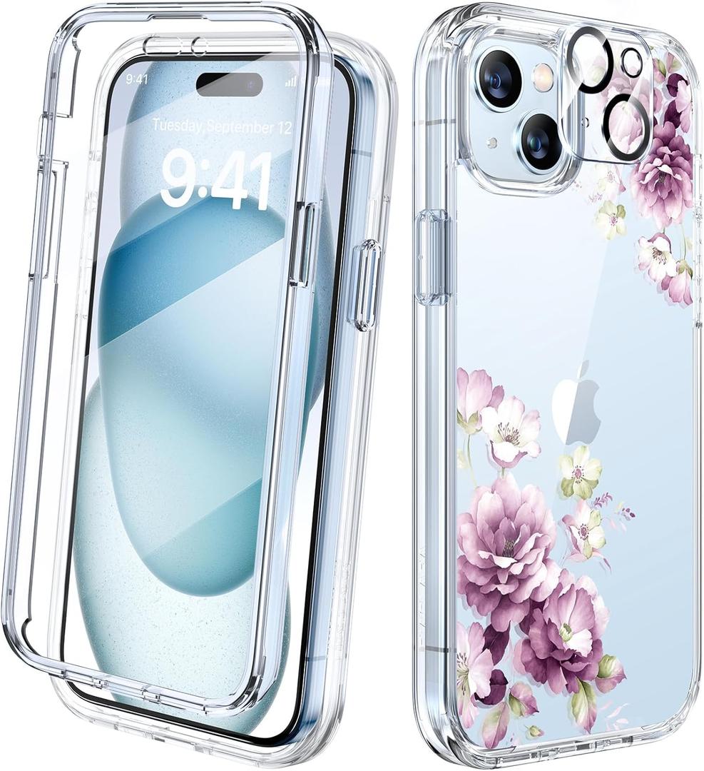 Diaclara Designed for iPhone 15 Plus Phone Case,Full Body Rugged Case with Built-in Screen Protector+9H Tempered Glass Camera Lens Protector (Clear Flower) (Peony)