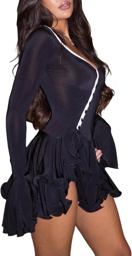 Geulis Women's Long Sleeve Wedding Guest Dresses Sexy Deep V Neck Flare Ruffle Dress Bodycon Party Mini Dresses (Black-2) Size S