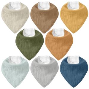 CIVARUA KIDS Muslin Baby Bibs 8 Pack, Baby Bandana Drool Bib for Drooling and Teething, Cotton Soft Absorbent for Girls Boys Calm Style Plain Solid Color
