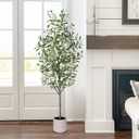 Olive Tree Artificial Indoor, 5ft Tall Silk Faux Olive Tree with White Planter, Artificial Plants with Natural Wood Trunk and Lifelike Fruits for Home Office Decor