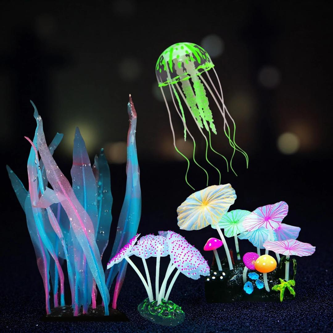 4-Pack Silicone Aquarium Plants & Decor - Realistic Jellyfish, Mushrooms for All Fish Tanks, Essential Decorations