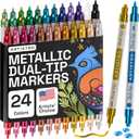 ARTISTRO 24 Metallic Dual-Tip Acrylic Paint Markers for Rock, Canvas, Glass, Wood, & More Fine + Dot Tips