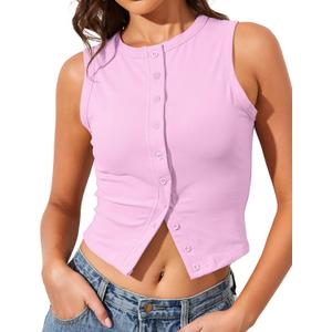 Ziesexy Button Down Tank Tops for Women Button Front Sleeveless Summer Cropped Tank Button Up Vest Tank Tops Pink (Pink), M