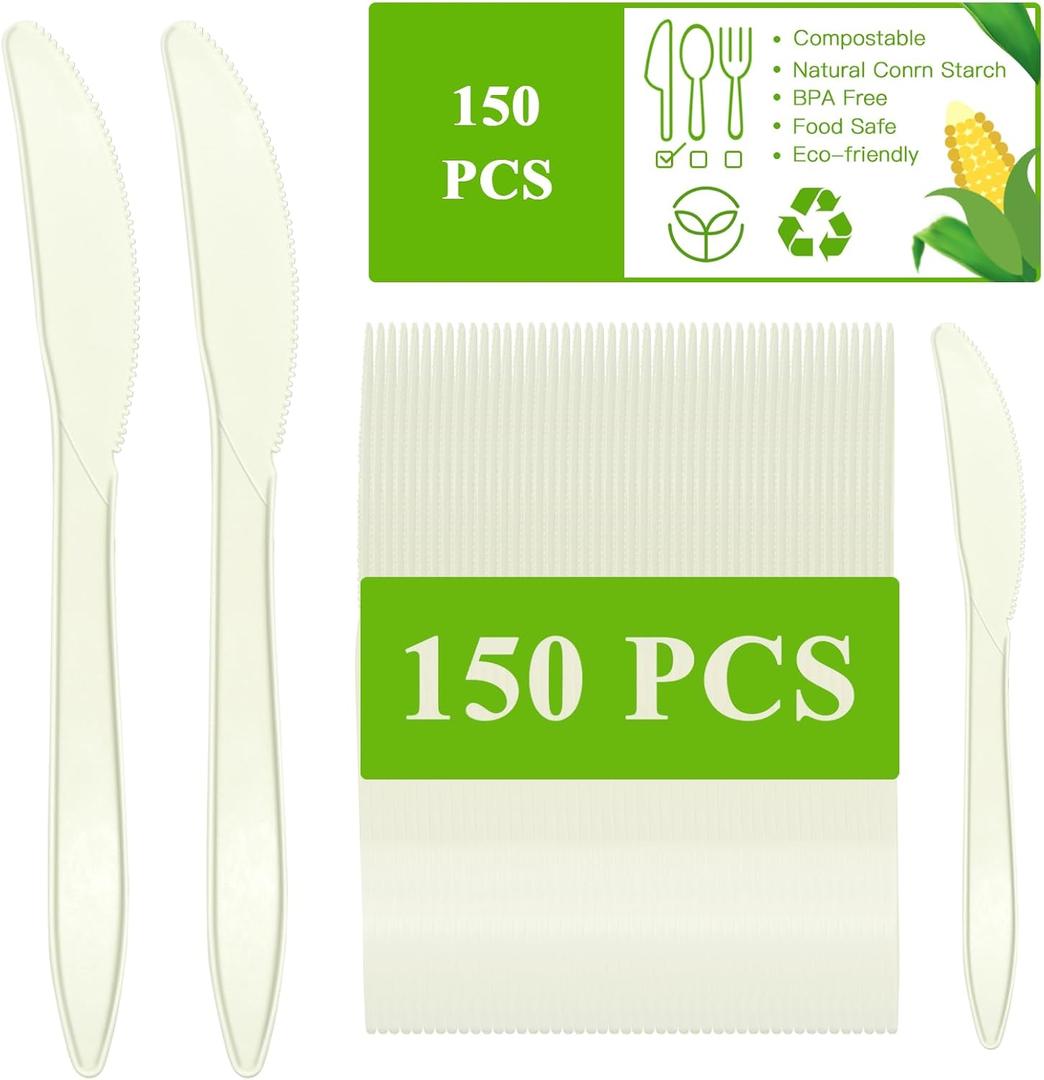 ANKS Compostable Knives, 150 Count 7.1in Disposable Knives, Made from Natural Corn Starch, Eco-Friendly, Heat Resistant Great for Party, Picnic, Dinner, Takeaway, Thick Solid, Heat Resistant