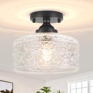 Small Semi Flush Mount Ceiling Light Fixture, Vintage Matte Black Close to Ceiling Lighting with Etched Glass Shade for Hallway, Kitchen, Entryway (Retro Design, Easy Install) (9.45in)