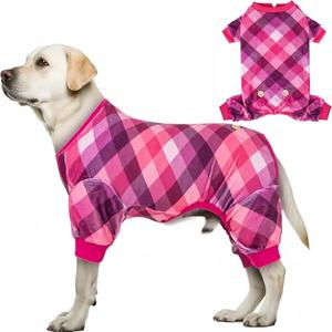 KYEESE Dog Pajamas Soft Checkered Dog Pajamas Velvet Dog Pajamas for Medium Dogs Stretchable Dog Onesie Comfy Dog Coat Dog Pjs Dog Clothes Dog Apparel, Pink, XXL
