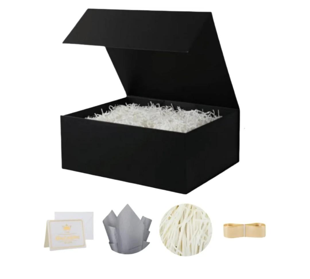 UoeRing 1 Pcs Black Gift Box 9.5x6x3 inch Small Luxury Gift Box for Presents with Magnetic Lid Collapsible,Birthday,Christmas,Contains Card, Ribbon, Tissue Paper,Shredded Paper Fille