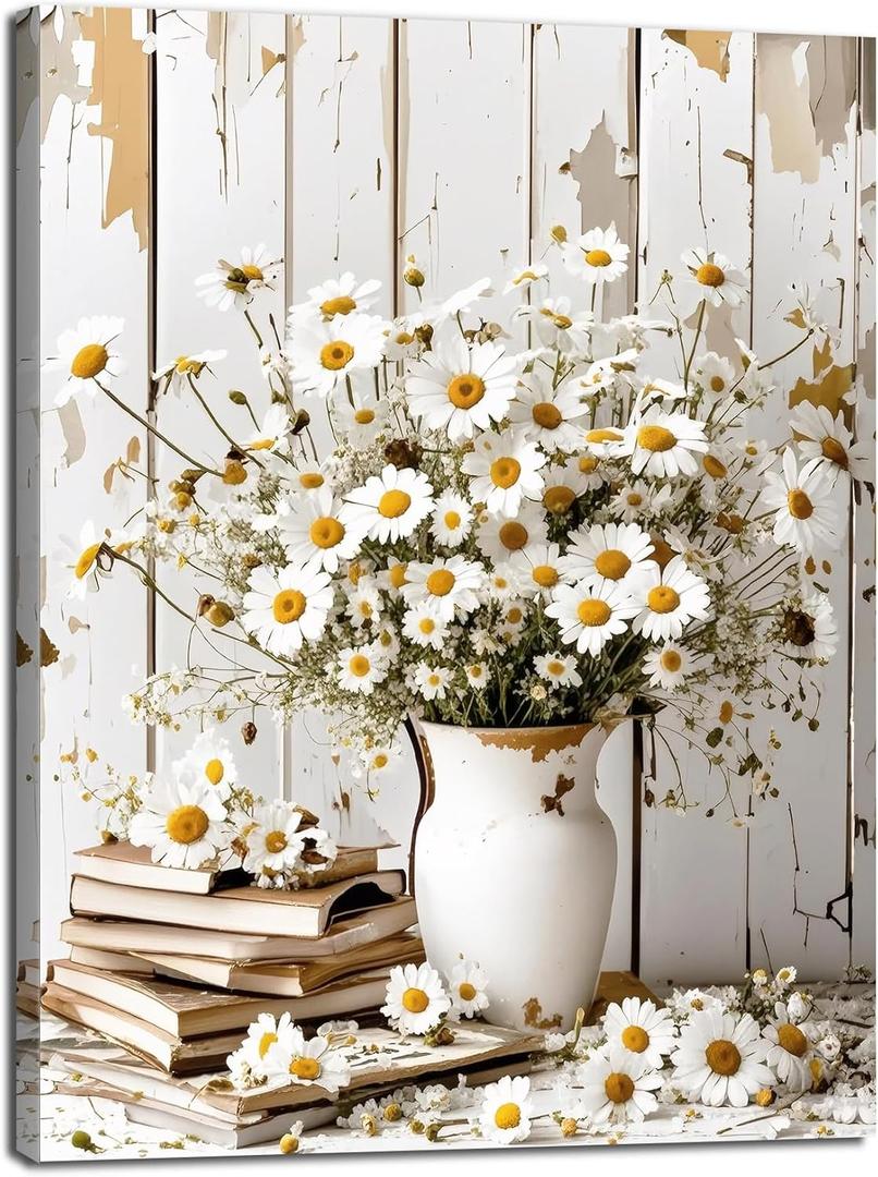 DEMCEAR Farmhouse Vintage Daisy Wall Art for Living Room, Rustic Retro Floral with Grey Brown Framed Canvas Wall Art for Bedroom Bathroom Office Home Decor, 16L x 12W Inches