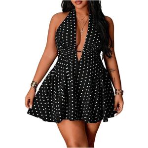 SHENHE Women's Plus Size Polka Dots Mini Halter Dress Sleevele Deep V Neck A Line Flowy Dress, Black and White, 3X-Large Plus