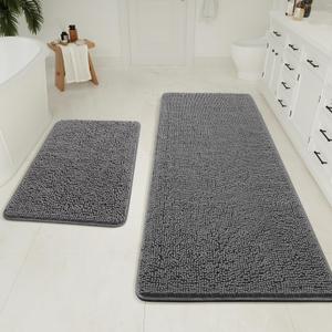 LOCHAS Bathroom Rugs Sets 2 Piece, 20 x 32 Plus 24 x 60 Inches Thick Non Slip Bath Rug Set, Absorbent Soft Chenille Bath Rug, Machine Washable Quick Dry Bath Mat for Bathroom Floor, Grey