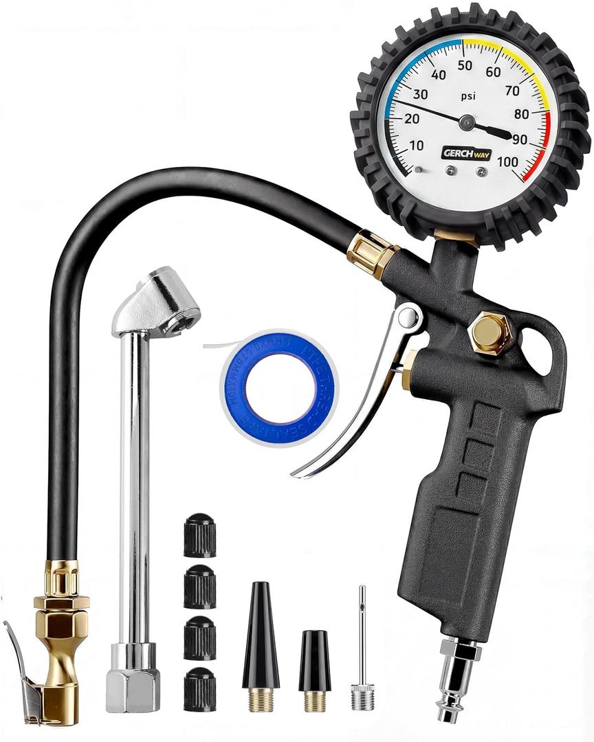 GERCHWAY Tire Inflator with Pressure Gauge  Large Glow Dial, Swivel Air Chuck with Gauge and Air Compressor Accessories  100 PSI