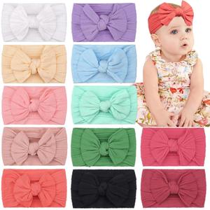 CLLOT Super Stretchy Soft Knot Headbands with Hair Bows Head Wrap Hair Accessories For Newborn Baby Girls Infant Toddlers Kids 12 PCs
