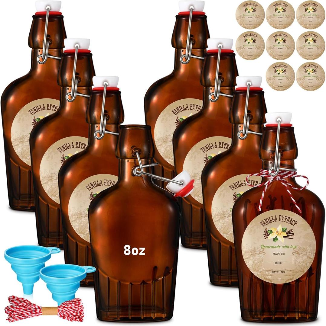 Chengu 8 Pack 8 oz Vanilla Extract Amber Bottles with Swing Top Flask Whiskey Pocket Brown Glass Flask for Homemade Vanilla Extract Lemon Kombucha Water Apply Christmas Wedding Gift