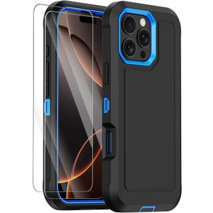 Annymall for iPhone 16 Case with 2 Screen Protector,Shockproof Drop Protection Dust Proof Heavy Duty Military Grade Multi-Layer Rugged Protective Phone Cover for Apple iPhone 16 (Black/Blue)