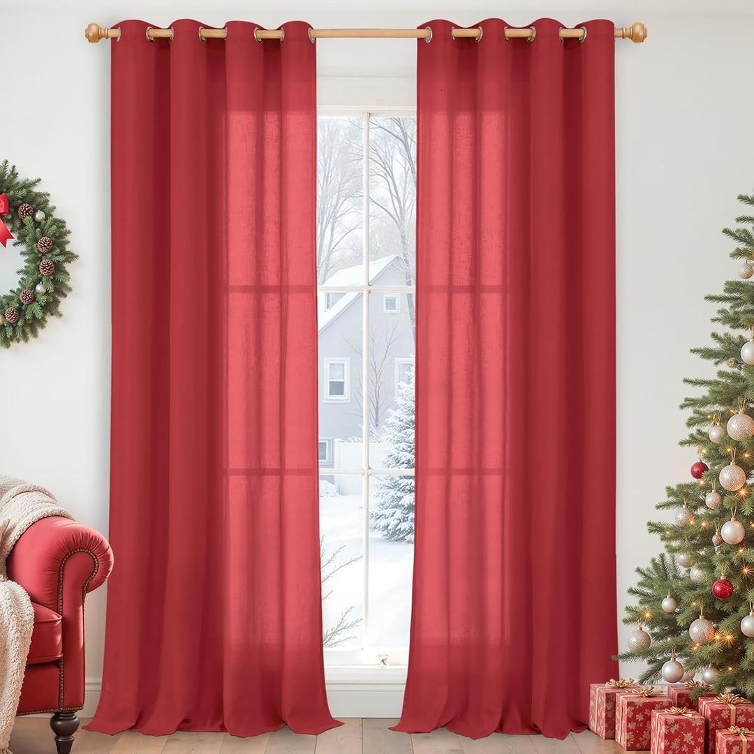 YoungsTex Red Linen Curtains 84 Inches Long for Living Room, Light Filtering Drapes with Grommet Semi Sheer Privacy for Bedroom Dining Room, 2 Panels, 52 X 84 Inch (Sliver-red Color)