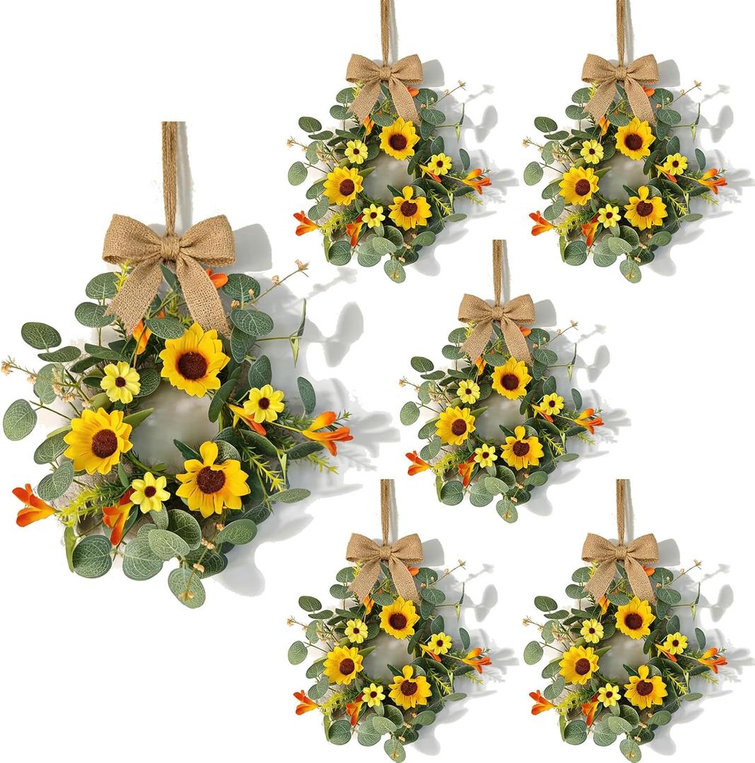 6 Pcs Summer Sunflower Mini Hanging Wreaths for Cabinets Artificial Small Candle Ring Wreaths with Daisy Flower and Eucalyptus Leaves for Home Kitchen Front Door Window Farmhouse Porch Wall Decor