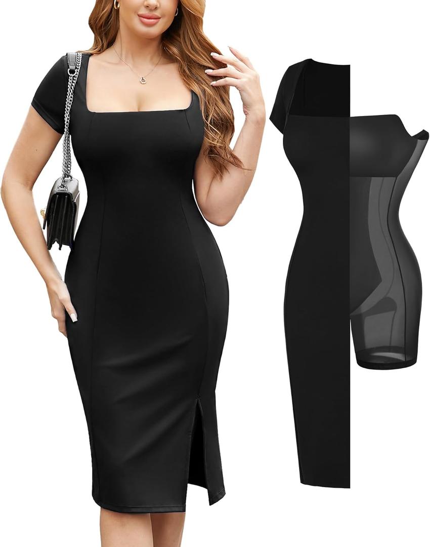 Popilush Summer Cocktail Midi Dresses for Women Shapewear Bodycon Short Sleeve Square Neck Dress (Medium, Black)