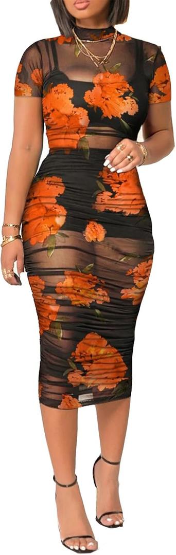 Mojessy Sheer Dress for Women Sexy Short Sleeve Ruched Mesh Bodycon Dress Adjustable Strap Top Mini Skirt 3 Piece Outfits Set (Large, Orange)