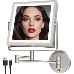Rechargeable Wall Mounted Makeup Mirror with Lights, 4000mAh Double Sided 1X/10X Magnifying Vanity Mirror with 3 Color Lights, Touch Dimmable, 360 Extension Foldable Arm(Brushed Nickel