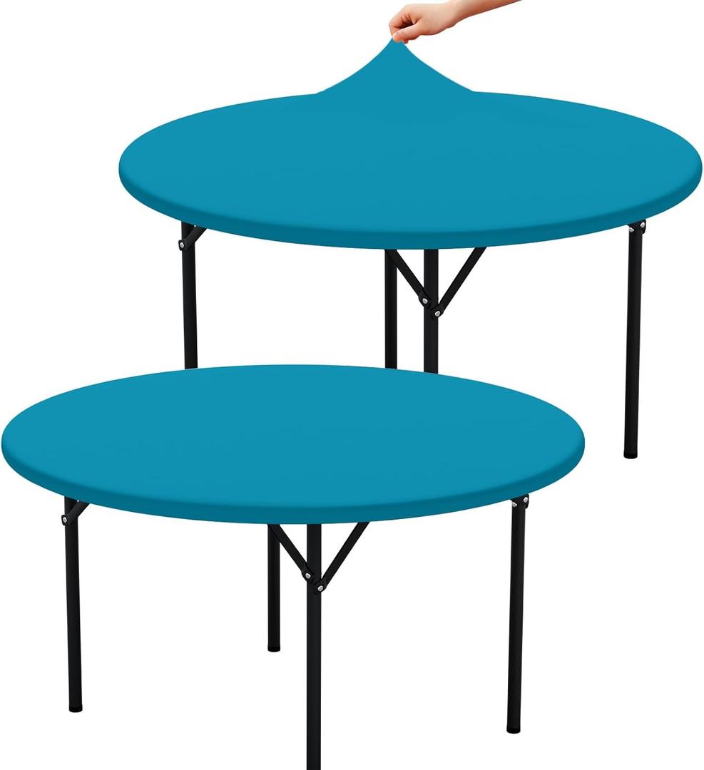 misaya 2 Packs Round Spandex Tablecloths, Stretch Elastic Tablecloth Cover Fits for 36"-44" Round Tables, Washable Polyester Table Cloth for Dining, Party, Outdoor and Indoor, Turquoise
