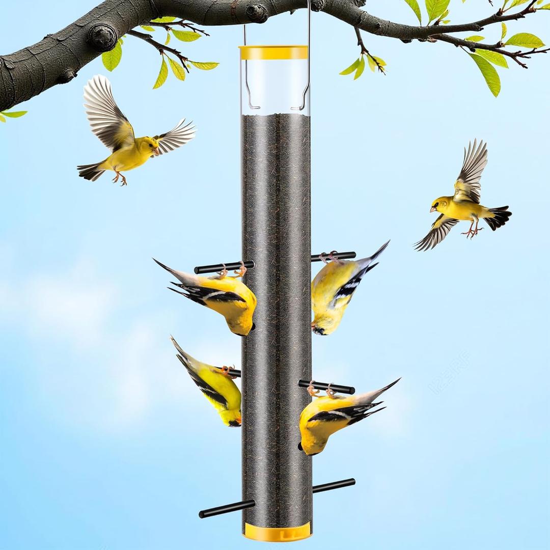 Thistle Feeder for Goldfinches with Upside Feeding Design, Hanging Finch Feeder for Outside, 15.9-Inch Tube Bird Feeders with 6 Small Ports & 3 Perches, Easy to Refill and Clean, Yellow