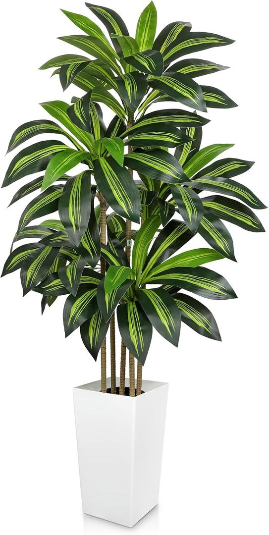 5FT Tall Artificial Dracaena Tree, Lifelike Faux Indoor Fake Floor Plant with White Pot, Faux Tree for Home Office Living Room Entryway Dcor