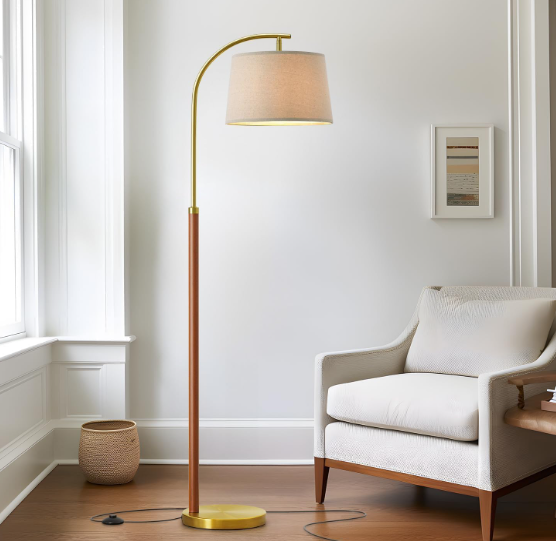 GSAFAVA 62.5" Wood Floor Lamp for Living Room Gold with Foot Switch Arc Standing Tall Lamps for Bedroom Mid Century Modern Corner Floor Lamps for Office Nursery Industrial Reading Light Room Lamp