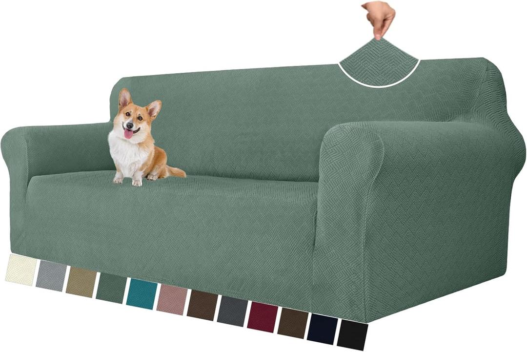 MAXIJIN Couch Covers for 3 Cushion Couch Sofa (71"-91"), 1-Piece Stretch Sofa Cover Slipcover Furniture Protector with Elastic Bottom for Kids,Dogs (Large, Diamond Pattern Pea Green)