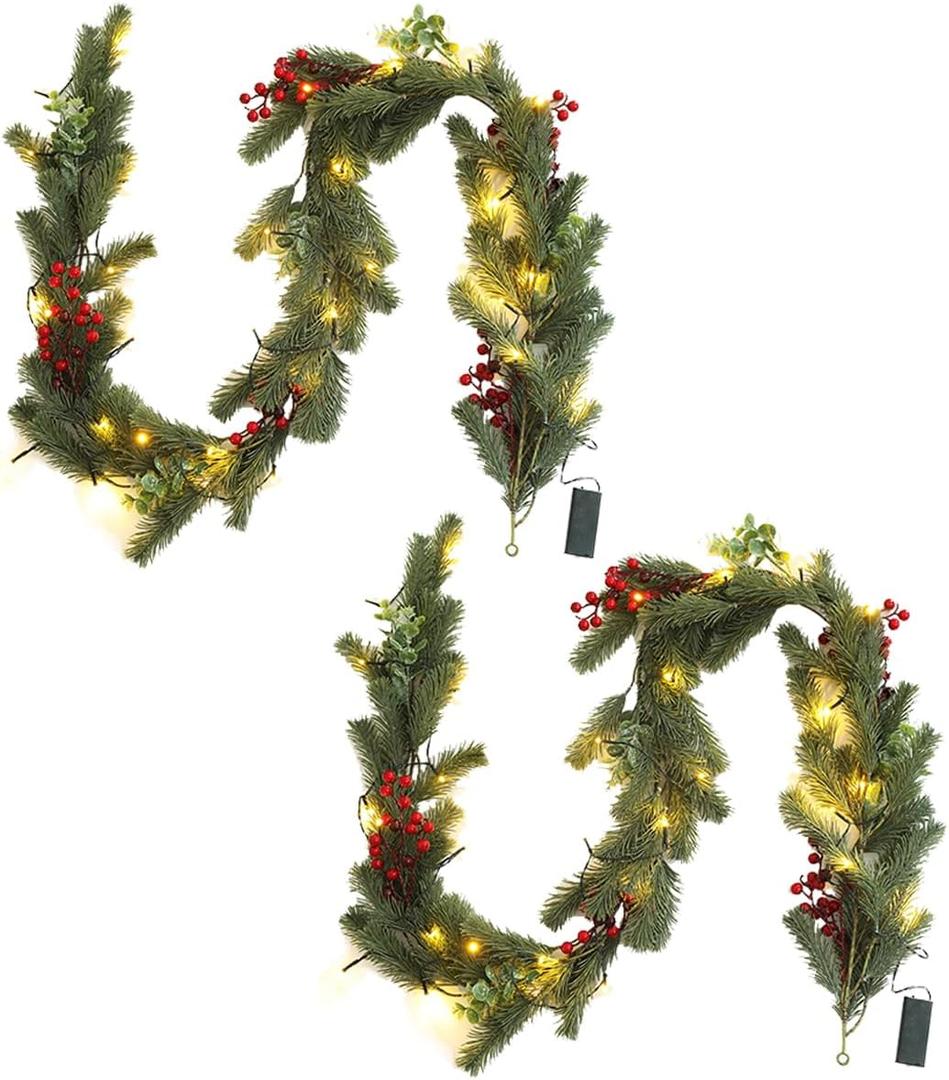 Christmas Garland Artificial Pine Decoration - 2 Pack Fake Green Cedar Garland Realistic Christmas Norfolk with Berry for Winter Holiday Mantle Fireplace Table Wall Window